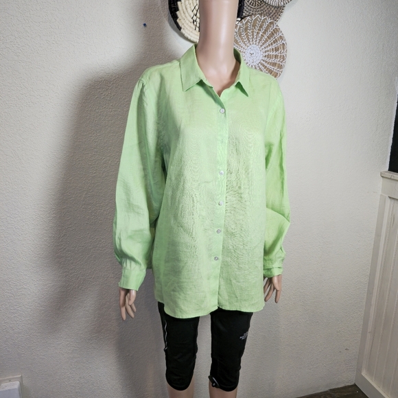 J Jill Top Womens Large Green Linen Button Up Long Sleeve Beach Cottage Coastal - Picture 9 of 9